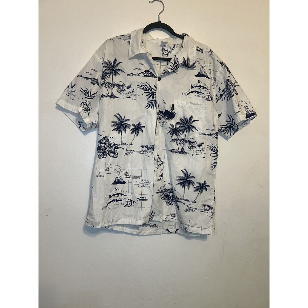 Palmwave Hawaii White Men's L Aloha Shirt Dolphins Palms Islands 100% Cotton